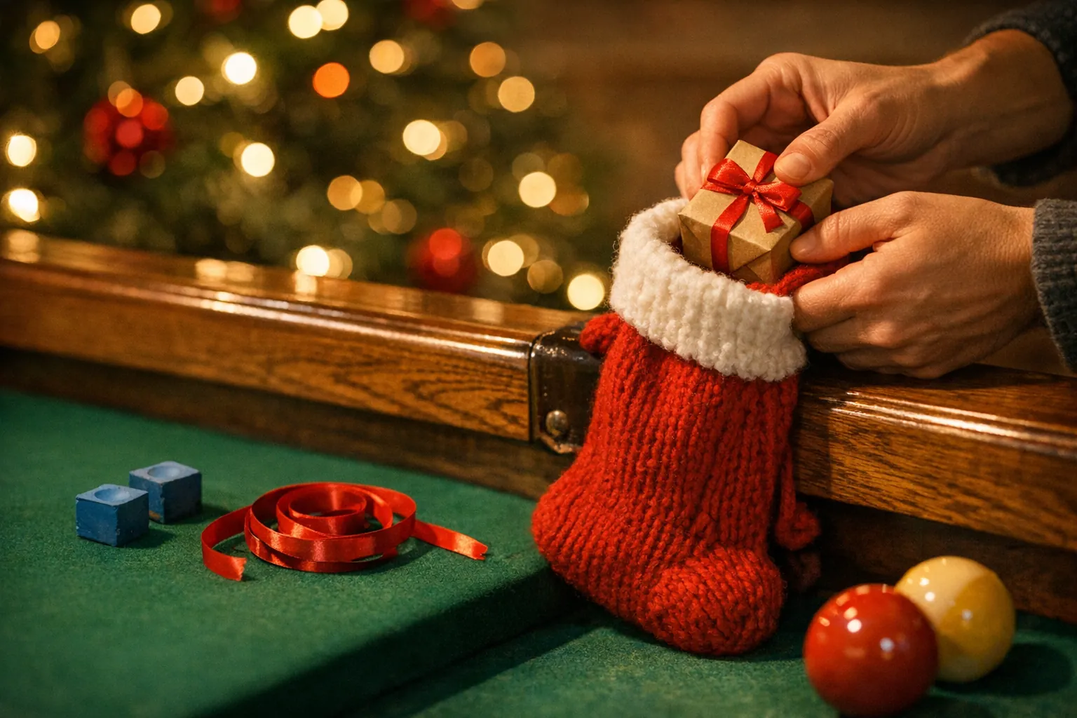 Hands tucking a small wrapped present into a red knit stocking hung on a pool table rail, blue chalk cubes and ribbon on the cloth