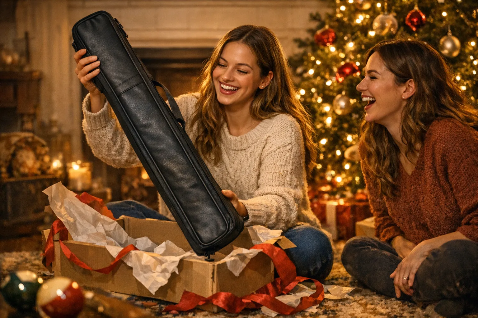 A smiling young woman lifting a black cue case out of a gift box by a Christmas tree while her friend laughs