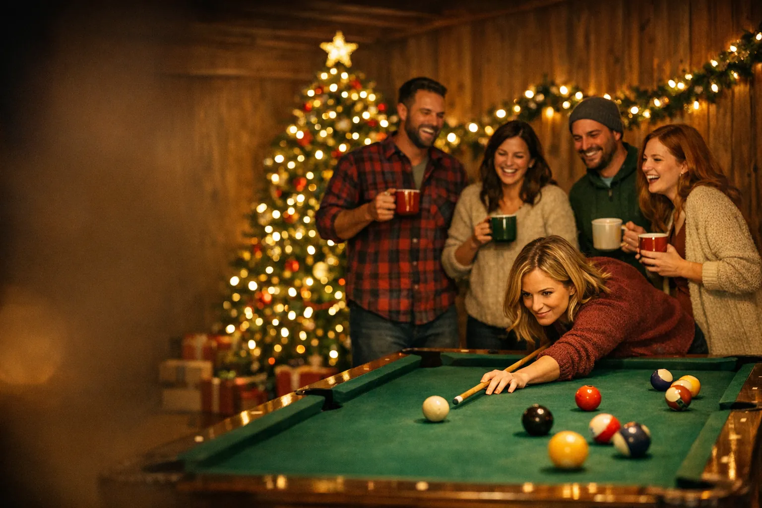Friends with mugs of cocoa laughing around a home pool table while a woman lines up a shot, a lit Christmas tree glowing behind them
