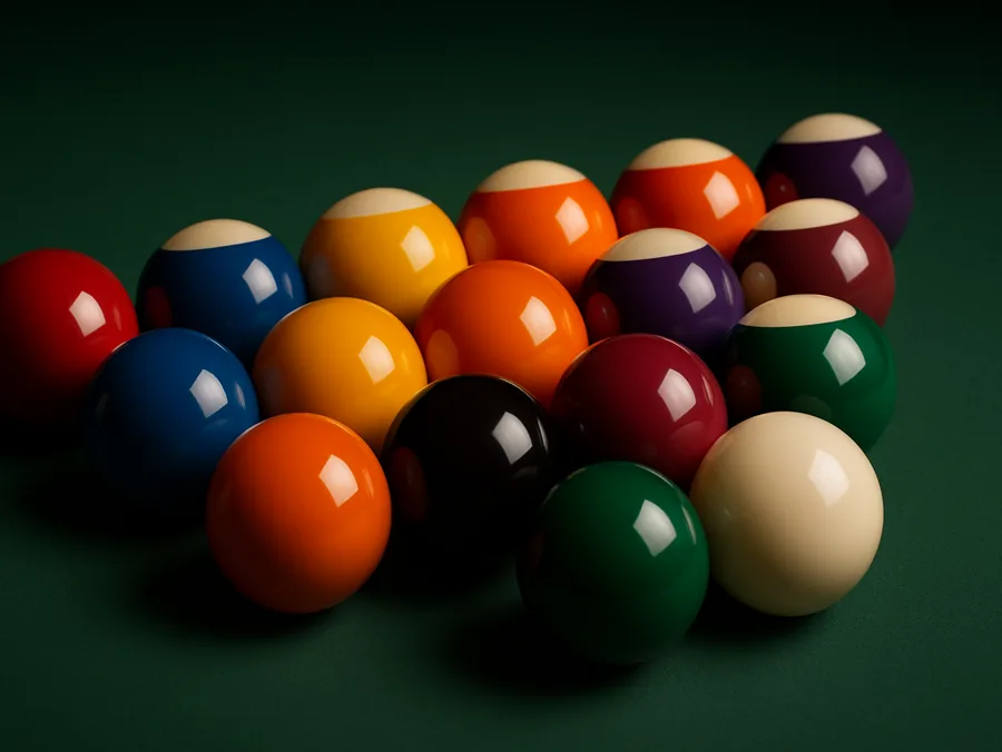 A set of glossy pool balls in a loose fan on green cloth