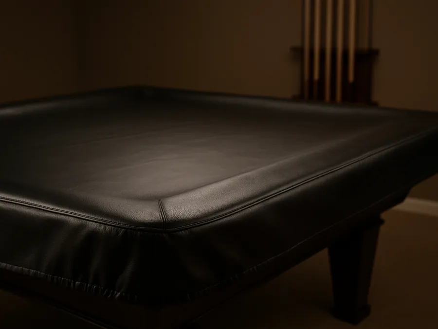 A black leatherette cover fitted over a pool table
