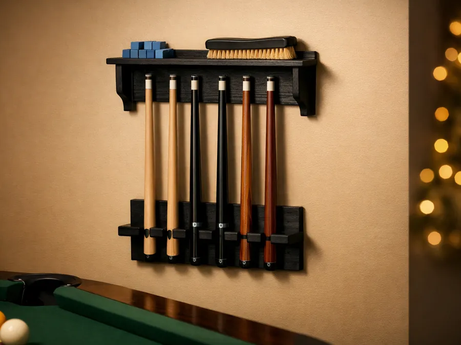 A black wooden wall rack holding six cues, with chalk and a brush on its top shelf